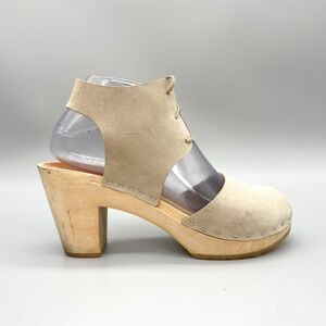 Bryr Sofie Peep Toe Clogs Sandals Womens 37 6.5 Bone Lace Up Wood Platform Heels